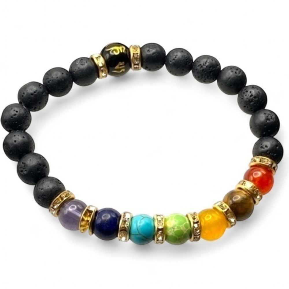 Lava Stone and 7 Chakra Healing Stone Stretch Bracelet Gold Color Metal Accents
